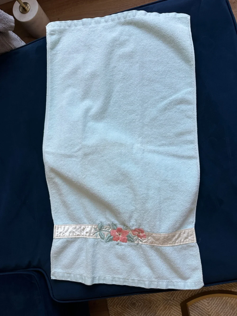 Vintage water works light blue hand towels with satin coral pink flower border